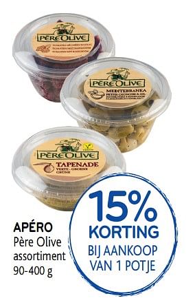 Promoties 15% korting bij aankoop van 1 potje apéro père olive assortiment - Huismerk - Alvo - Geldig van 10/04/2019 tot 23/04/2019 bij Alvo