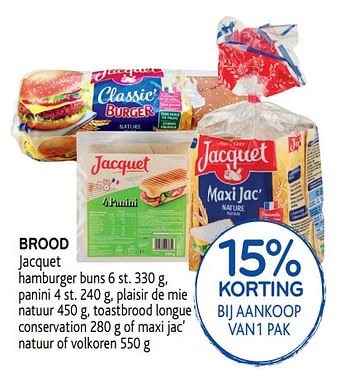 Promoties 15% korting bij aankoop van1 pak brood jacquet hamburger buns - Jacquet - Geldig van 10/04/2019 tot 23/04/2019 bij Alvo