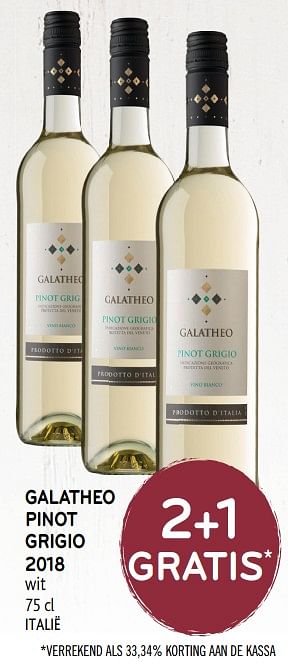 Promoties 2+1 gratis galatheo pinot grigio 2018 wit - Witte wijnen - Geldig van 10/04/2019 tot 23/04/2019 bij Alvo