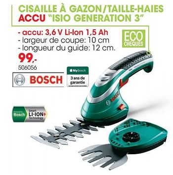 Promotions Bosch cisaille à gazon-taille-haies accu isio generation 3 - Bosch - Valide de 01/04/2019 à 30/06/2019 chez Hubo