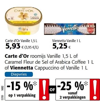 Promoties Carte d`or roomijs vanille of caramel fleur de sel of arabica coffee of viennetta cappuccino of vanille - Huismerk - Colruyt - Geldig van 10/04/2019 tot 23/04/2019 bij Colruyt