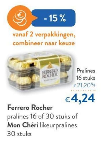 Promoties Ferrero rocher pralines of mon chéri likeurpralines - Ferrero - Geldig van 10/04/2019 tot 23/04/2019 bij OKay