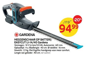Promoties Heggenschaar op batterij easycut li-14-40 gardena - Gardena - Geldig van 23/04/2019 tot 06/05/2019 bij BricoPlanit