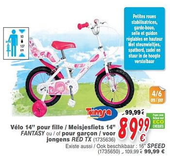 Promoties Vélo 14 pour fille - meisjesfiets 14 fantasy ou - of pour garçon - voor jongens red tx - Toimsa - Geldig van 16/04/2019 tot 29/04/2019 bij Cora