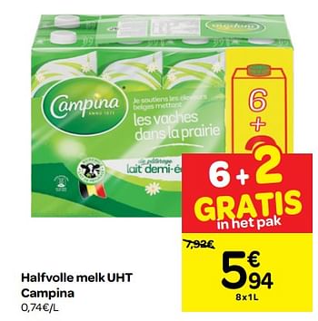 Promotions Halfvolle melk uht campina - Campina - Valide de 17/04/2019 à 29/04/2019 chez Carrefour