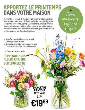 Promoties Bouquet de printemp avec vase - Huismerk - Oh'Green - Geldig van 10/04/2019 tot 21/04/2019 bij Oh'Green