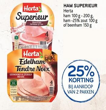 Promoties 25% korting bij aankoop van 2 pakken ham superieur herta - Herta - Geldig van 24/04/2019 tot 07/05/2019 bij Alvo