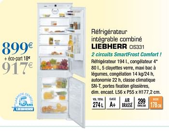 Promoties Liebherr réfrigérateur intégrable combiné cis331 - Liebherr - Geldig van 06/04/2019 tot 25/05/2019 bij Copra