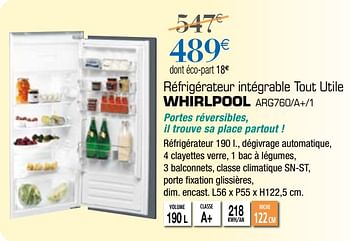 Promoties Whirlpool réfrigérateur intégrable tout utile arg760-a+-1 - Whirlpool - Geldig van 06/04/2019 tot 25/05/2019 bij Copra