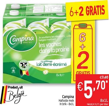 Promotions Campina halfvolle melk in brik - Campina - Valide de 23/04/2019 à 28/04/2019 chez Intermarche