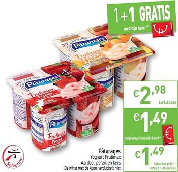 Promoties Pâturages yoghurt frutimax aardbei, perzik en kers - Paturages - Geldig van 23/04/2019 tot 28/04/2019 bij Intermarche