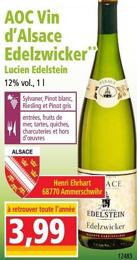 Promotions Aoc vin d`alsace edelzwicker lucien edelstein - Vins blancs - Valide de 24/04/2019 à 30/04/2019 chez Norma