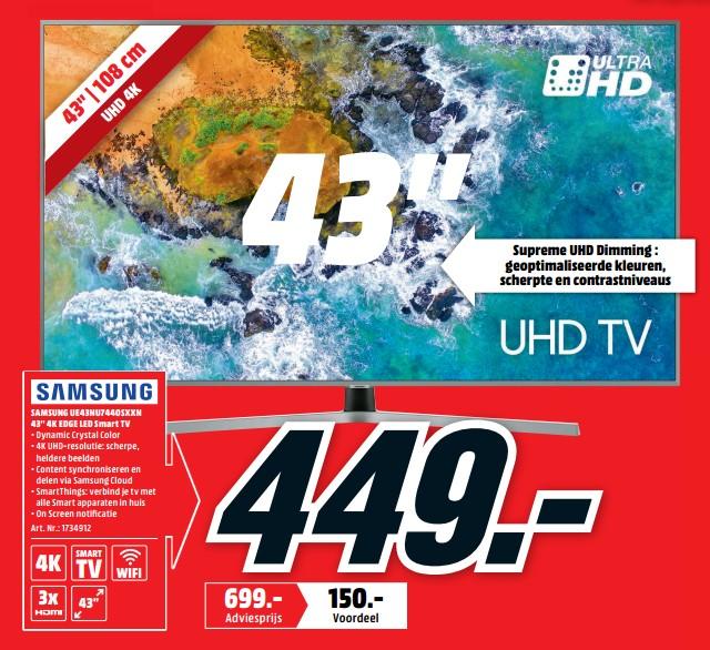 Promoties Samsung ue43nu7440sxxn 43`` 4k edge led smart tv - Samsung - Geldig van 22/04/2019 tot 28/04/2019 bij Media Markt