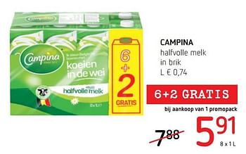 Promotions Campina halfvolle melk in brik - Campina - Valide de 25/04/2019 à 08/05/2019 chez Spar (Colruytgroup)