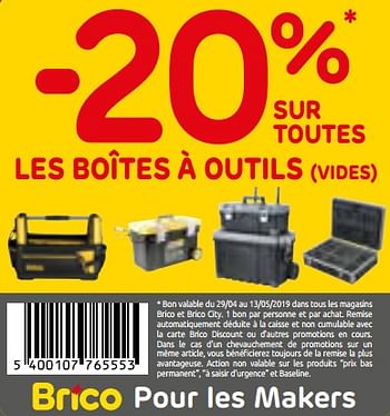 Promotions -20% sur toutes les boîtes à outils - Produit maison - Brico - Valide de 02/05/2019 à 13/05/2019 chez Brico