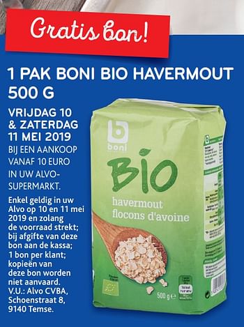 Promoties 1 pak boni bio havermout - Boni - Geldig van 08/05/2019 tot 21/05/2019 bij Alvo