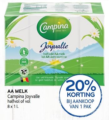 Promoties 20% korting bij aankoop van 1 pak aa melk campina joyvalle halfvol of vol - Campina - Geldig van 08/05/2019 tot 21/05/2019 bij Alvo