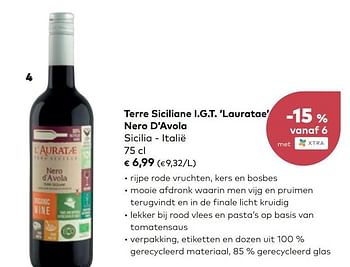 Promoties Terre siciliane i.g.t. lauratae nero d`avola sicilia - italië - Rode wijnen - Geldig van 01/05/2019 tot 04/06/2019 bij Bioplanet