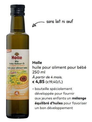 Promotions Holle huile pour aliment pour bébé - Holle - Valide de 01/05/2019 à 04/06/2019 chez Bioplanet