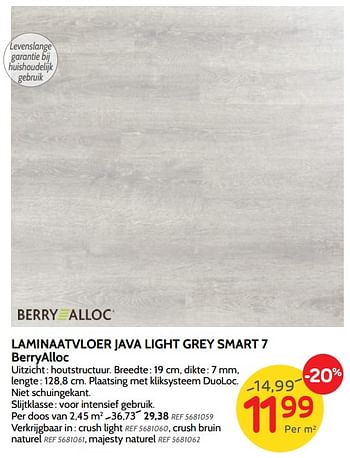 Promoties Laminaatvloer java light grey smart 7 berryalloc - Berry Alloc - Geldig van 08/05/2019 tot 27/05/2019 bij BricoPlanit