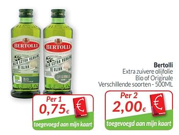 Promotions Bertolli extra zuivere olijfolie bio of originale - Bertolli - Valide de 01/05/2019 à 31/05/2019 chez Intermarche