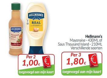 Promoties Hellmann`s mayonaise of saus thousand island - Hellmann's - Geldig van 01/05/2019 tot 31/05/2019 bij Intermarche