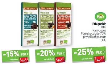 Promoties Ethiquable bio raw cocoa pure chocolade 70%, physalis of peanuts - Ethiquable - Geldig van 01/05/2019 tot 31/05/2019 bij Intermarche