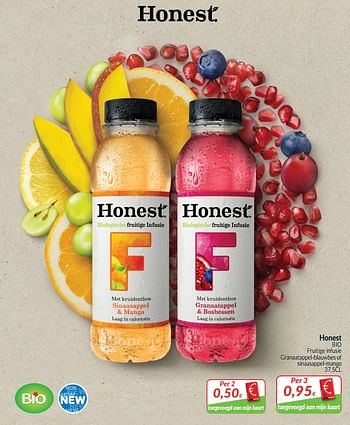 Promoties Honest bio fruitige infusie granaatappel-blauwbes of sinaasappel-mango - Bio Honest - Geldig van 01/05/2019 tot 31/05/2019 bij Intermarche
