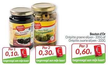 Promotions Bouton d`or ontpitte groene olijven of ontpitte zwarte olijven - Bouton D'Or - Valide de 01/05/2019 à 31/05/2019 chez Intermarche