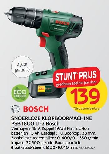 Promoties Snoerloze klopboormachine psb 1800 li-2 bosch - Bosch - Geldig van 08/05/2019 tot 27/05/2019 bij BricoPlanit