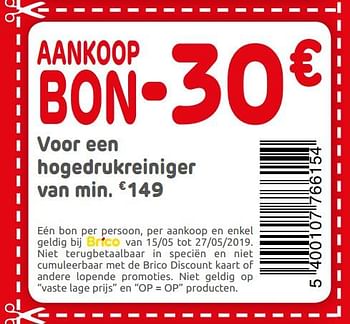 Promoties Aankoop bon -30€ - Huismerk - Brico - Geldig van 15/05/2019 tot 27/05/2019 bij Brico
