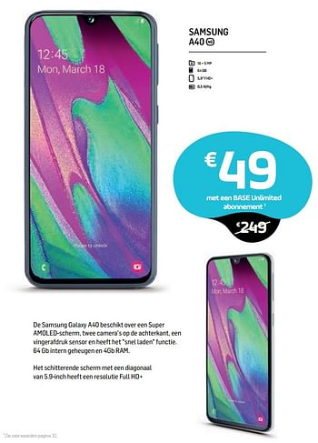 Promoties Samsung a40 - Samsung - Geldig van 05/05/2019 tot 03/06/2019 bij Base