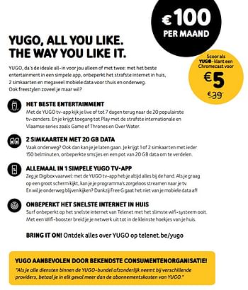 Promotions Yugo - Produit Maison - Telenet - Valide de 06/05/2019 à 03/06/2019 chez Telenet