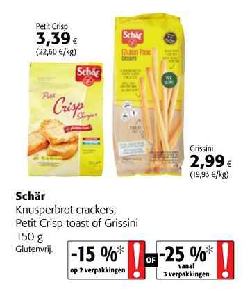 Promotions Schär knusperbrot crackers, petit crisp toast of grissini - Schar - Valide de 08/05/2019 à 21/05/2019 chez Colruyt