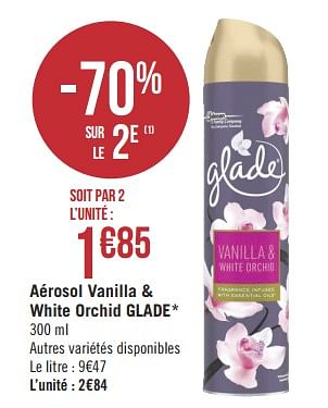Promotions Aérosol vanilla + white orchid glade - Glade - Valide de 07/05/2019 à 19/07/2019 chez Géant Casino