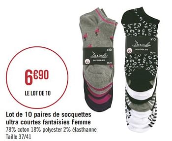 Promotions Lot de 10 paires de socquettes ultra courtes fantaisies femme - Produit Maison - Géant Casino - Valide de 07/05/2019 à 19/07/2019 chez Géant Casino