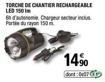 Promotions Torche de chantier rechargeable led 150 lm - Produit Maison - Brico Depot - Valide de 01/04/2019 à 31/12/2019 chez Brico Depot