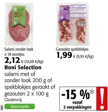 Promoties Boni selection salami met of zonder look of spekblokjes gerookt of gezouten - Boni - Geldig van 08/05/2019 tot 21/05/2019 bij Colruyt
