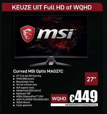 Promoties Curved msi optix mag27c - MSI - Geldig van 10/05/2019 tot 26/05/2019 bij Compudeals
