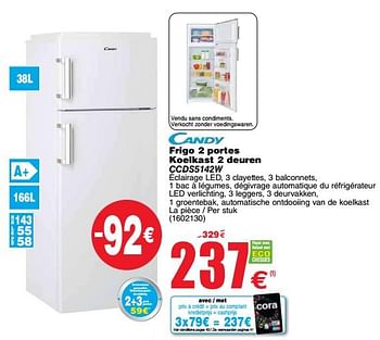 Promoties Candy frigo 2 portes koelkast 2 deuren ccds5142w - Candy - Geldig van 14/05/2019 tot 27/05/2019 bij Cora