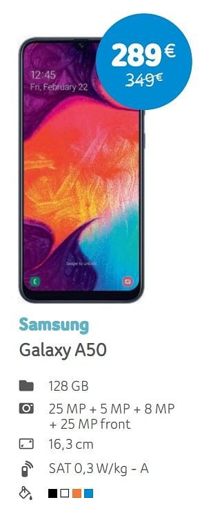 Promotions Samsung galaxy a50 - Samsung - Valide de 06/05/2019 à 03/06/2019 chez Telenet