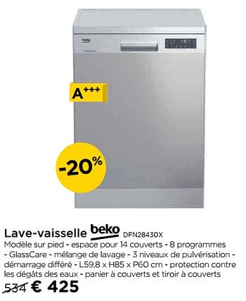 Promotions Lave-vaisselle beko dfn28430x - Beko - Valide de 07/05/2019 à 29/05/2019 chez Molecule
