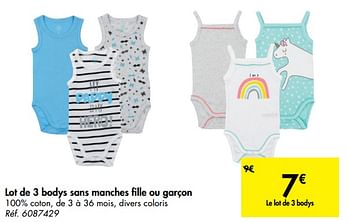 Promotions Lot de 3 bodys sans manches fille ou garçon - Tex Baby - Valide de 15/05/2019 à 27/05/2019 chez Carrefour