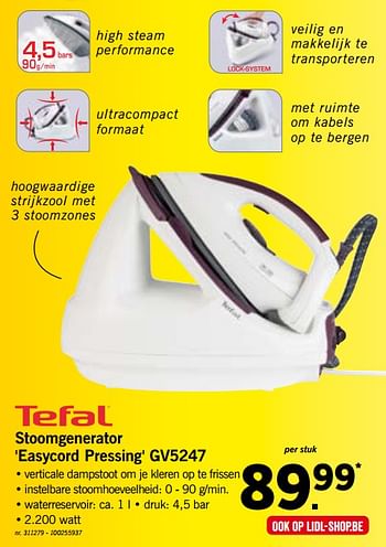 Promoties Tefal stoomgenerator easycord pressing gv5247 - Tefal - Geldig van 20/05/2019 tot 25/05/2019 bij Lidl