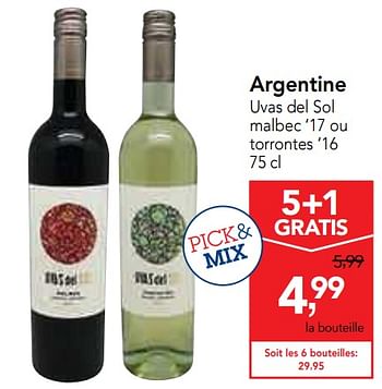 Promoties Argentine uvas del sol malbec `17 ou torrontes `16 - Rode wijnen - Geldig van 22/05/2019 tot 04/06/2019 bij Makro