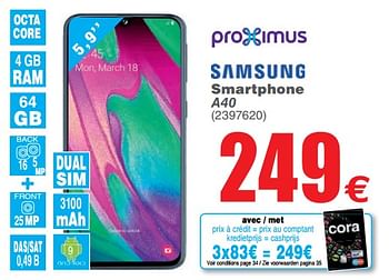 Promoties Samsung smartphone a40 - Samsung - Geldig van 21/05/2019 tot 03/06/2019 bij Cora