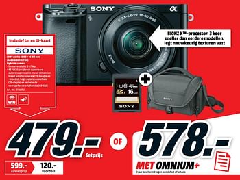 Promoties Sony alpha 6000 + 16-50 mm a6000lbsfdi.ybn hybride camera - Sony - Geldig van 20/05/2019 tot 26/05/2019 bij Media Markt