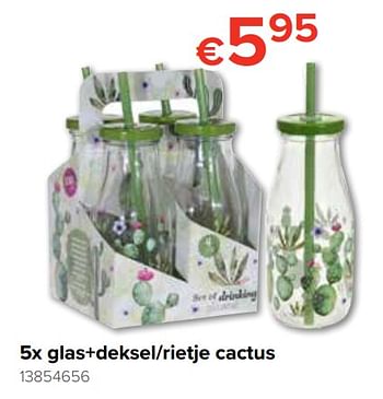 Promoties 5x glas+deksel-rietje cactus - Huismerk - Euroshop - Geldig van 23/05/2019 tot 16/06/2019 bij Euro Shop