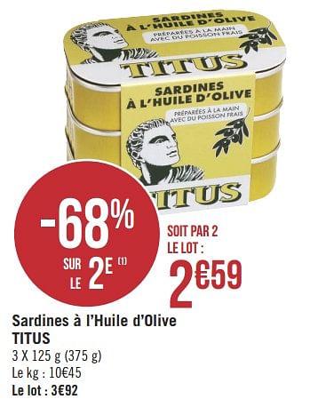 Promoties Sardines à l`huile d`olive titus - Titus - Geldig van 21/05/2019 tot 02/06/2019 bij Géant Casino