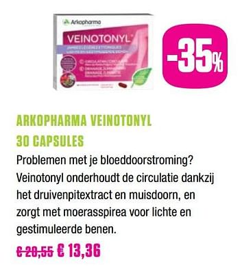 Promotions Arkopharma veinotonyl 30 capsules - Arkopharma - Valide de 25/05/2019 à 31/07/2019 chez Medi-Market